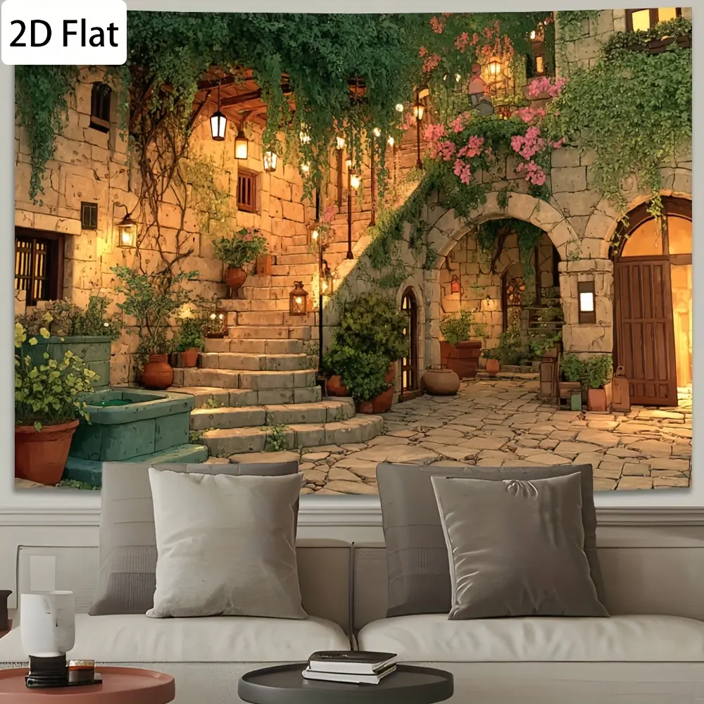 Enchanting Garden Courtyard Mural Backdrop, Serene Floral Stone Steps Tapestry, Outdoor Nature Scene Wall Hanging for Room Decor, Event Prop