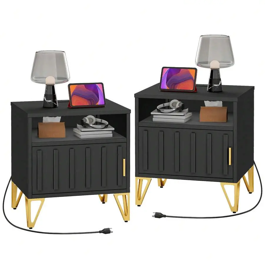 2-Piece Modern Black Metal Nightstands with Charging Station, Plug, 21.7"d x 17.7"w x 23.6" Dimensions, Assembly Required - Compact Indoor Furniture Bedside Tables for Bedroom, Living Room, 2 X Nightstands
