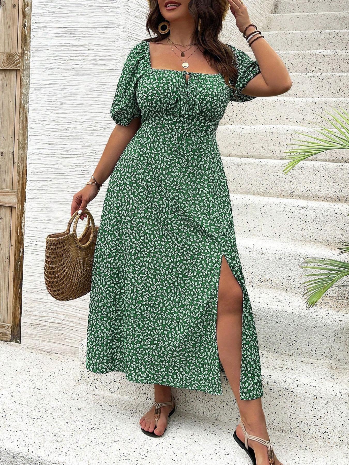 【Plus Size】 Ditsy Floral / All Over Print Split Thigh Dress, Casual Puff Sleeve Tie Front Dress, Women Plus Clothing for Summer Daily Wear