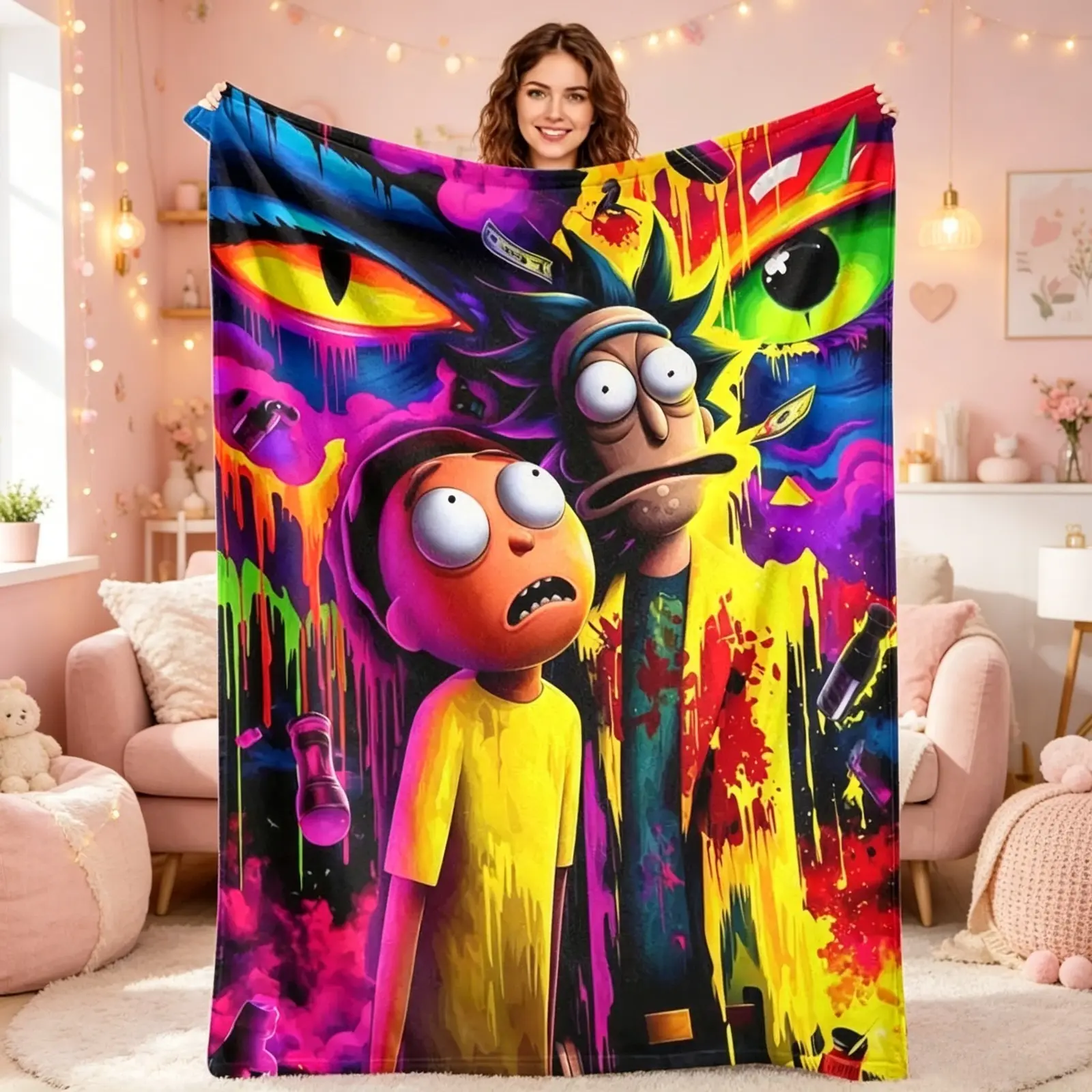 Rick and Morty Psychedelic Cartoon Flannel Blanket Ultra Soft Cozy Lightweight AC Throw Blanket Kids Adults Sofa Bed Bedroom Living Room Travel Movie Night Home Decor Gift Birthday Christmas Viral Blanket Animation Fan Merch