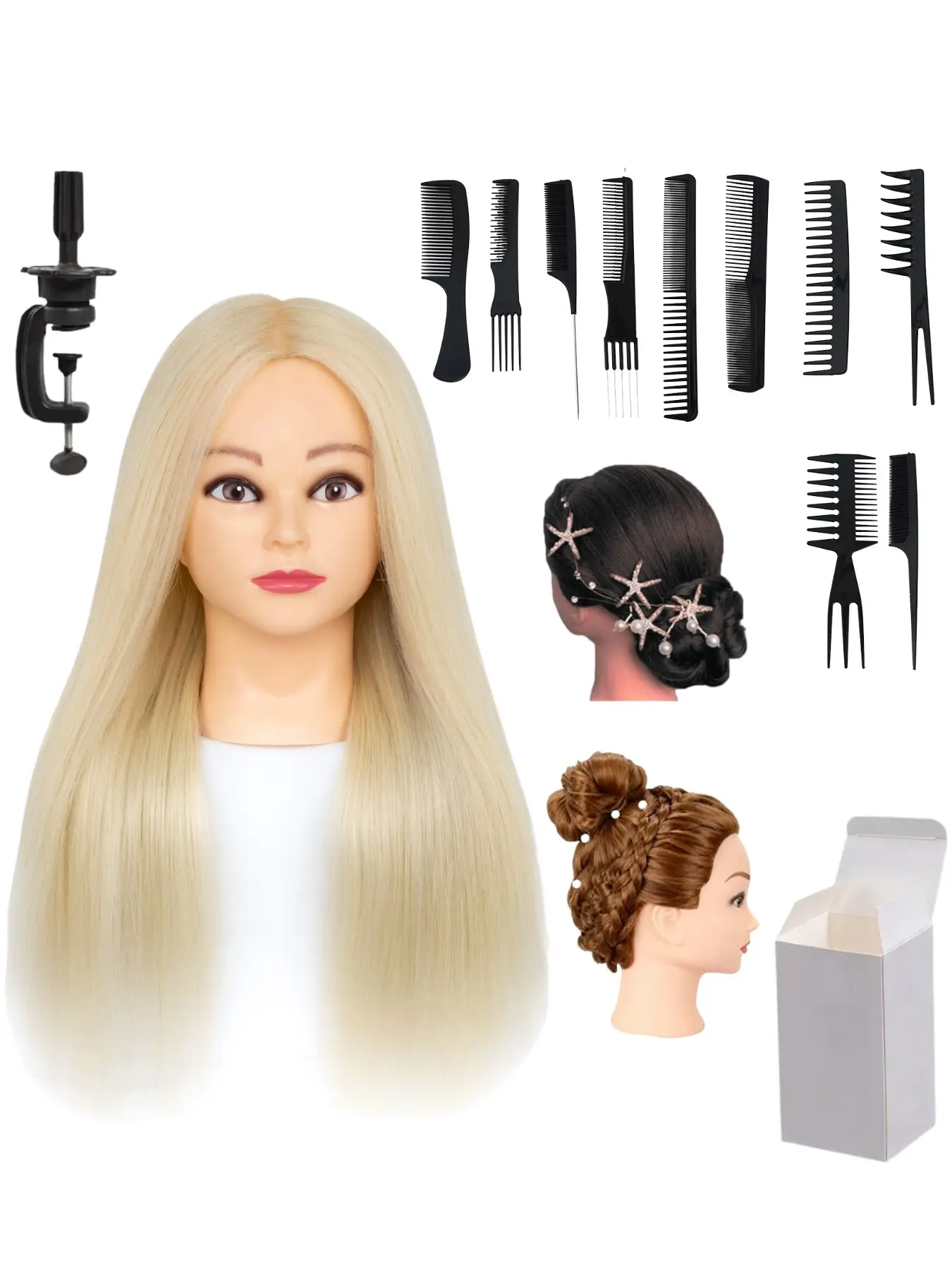 Female Blonde Synthetic Hair Training Mannequin Head 26‑28 Inch Super Long Straight Hair Light Skin Manikin Head With Desktop Clamp And 10‑Pack Styling Combs For Salon And Household Hair Practice Use