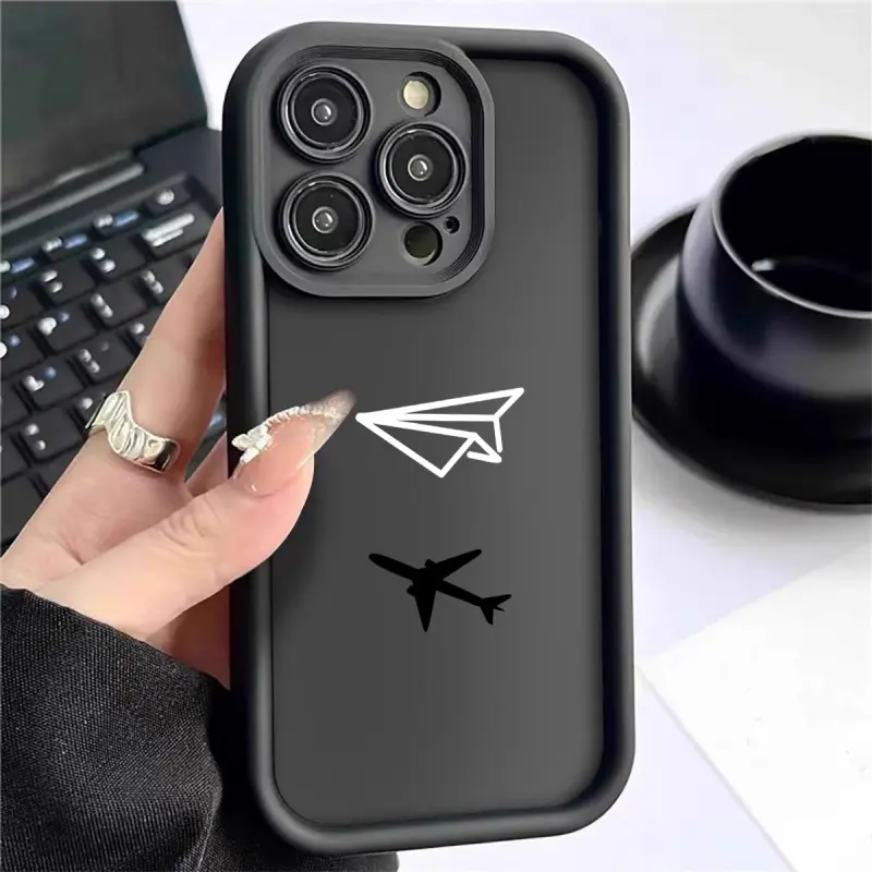 Phone Case: Black Dual-line Airplane Pattern Step Full-coverage Phone Case. Compatible with iPhone X/11/12/13/14/15/16/17/Air/Pro/Pro Max/Plus. Features Drop-proof, Scratch-resistant, and Shatterproof Protection Design. Comfortable Grip Makes It