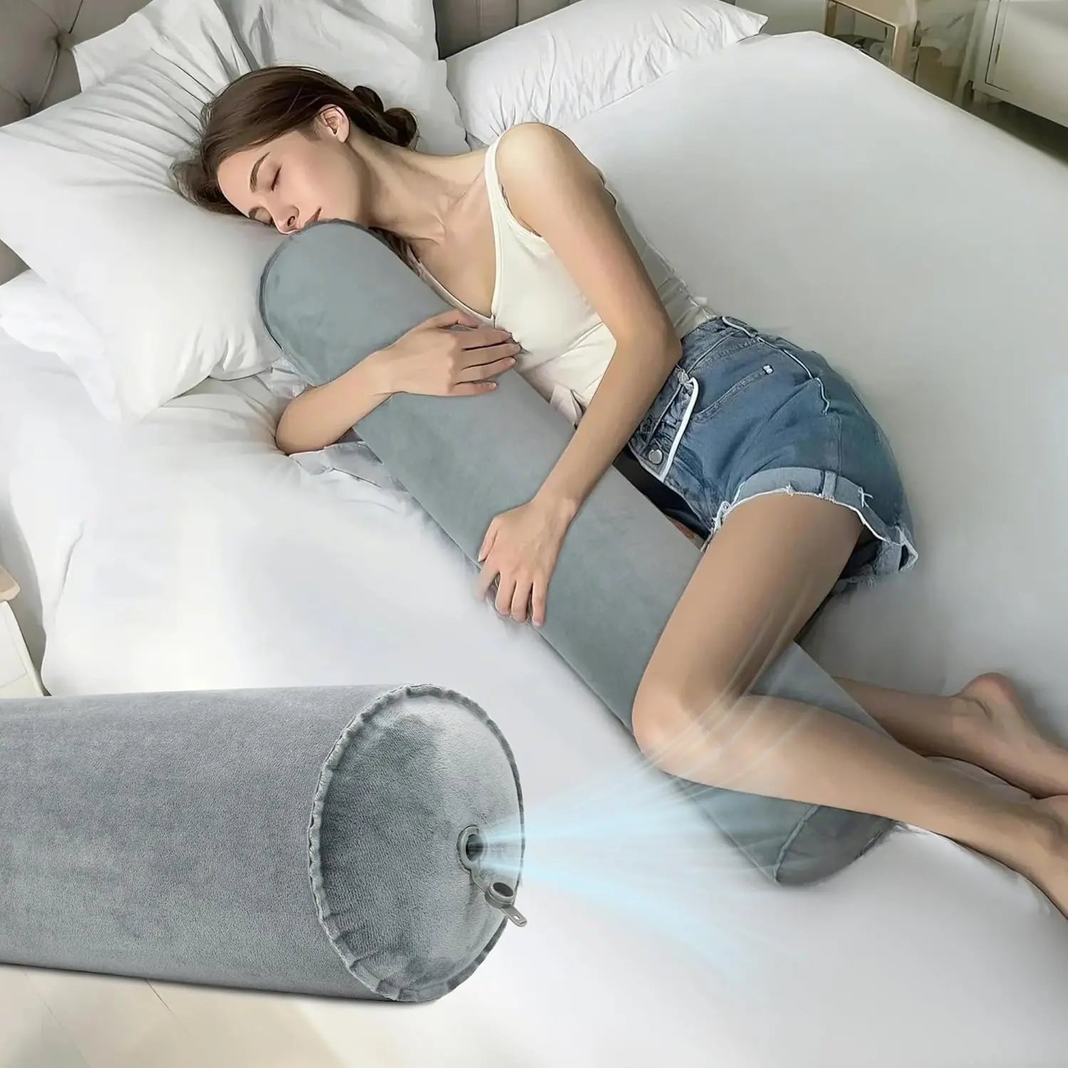 Inflatable Oval Bolster Long Bed Pillow, 1pc Grey Home Supply for Back & Neck Support to Enhance Sleep Quality