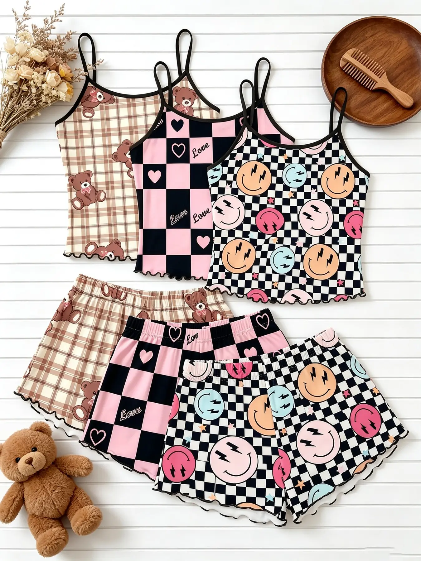 Women's Sleepwear 6 Piece Y2K Aesthetic Checkerboard Smiley Teddy Bear Print Summer Style Spaghetti Strap Lettuce Ruffle Hem Contrast Trim Silky Soft Breathable Lightweight Cami Short Pant Set, Camisole Sets, Home Sleepover Lounge Wear