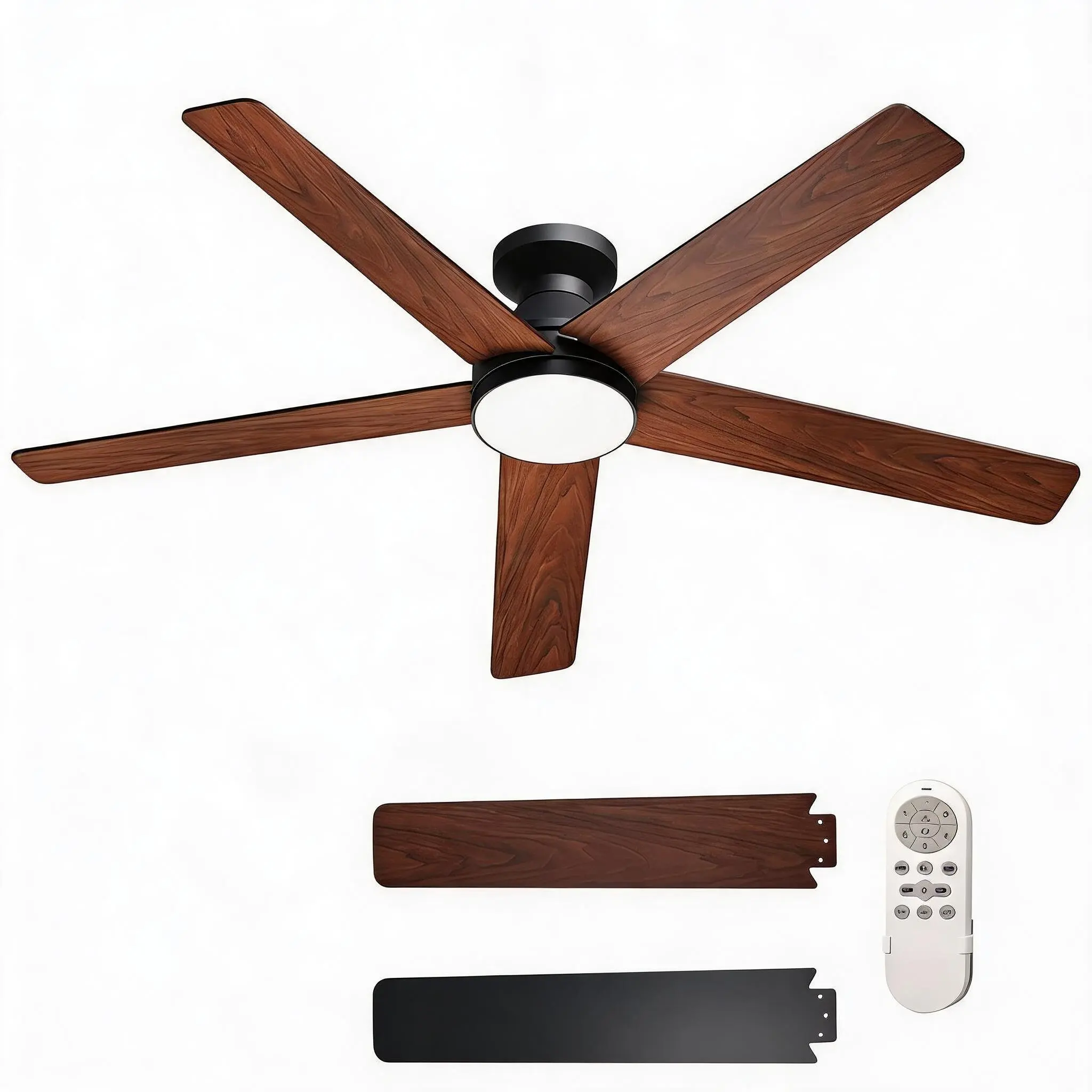 Low Profile Flush Mount Ceiling Fan with Light and Remote Control - 5 Wood Blades, Quiet Reversible DC Motor, 6-Speed, 3CCT Dimmable LED, Timer & Memory, Indoor/Outdoor, 42/52 in, Black