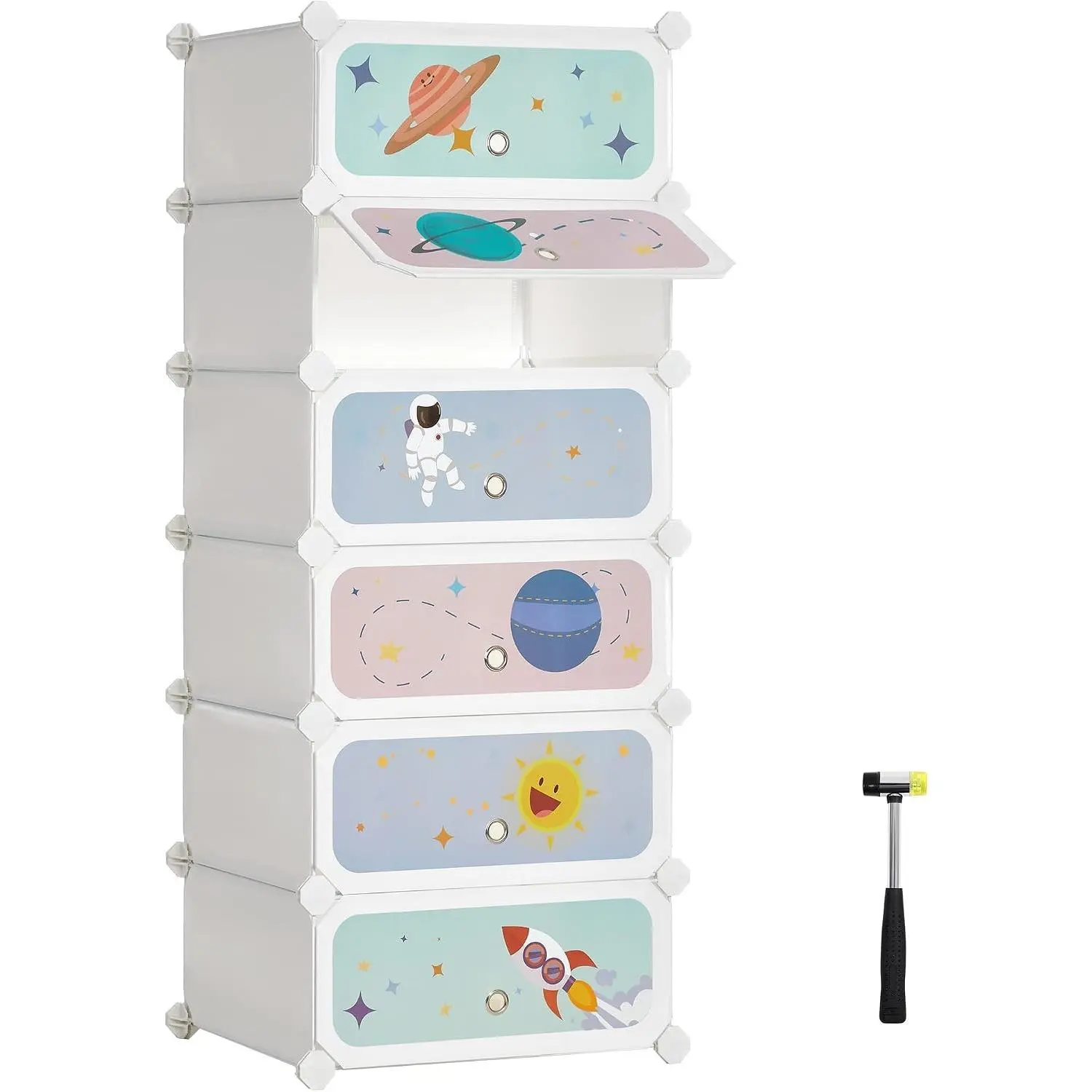 Kids' Shoe Rack with Doors, 6-Slot Stackable Storage Organizer, Plastic Wardrobe, Toys, Books, Clothes, 12.2 x 16.9 x 41.3 Inches, Cloud White ULPC904W01