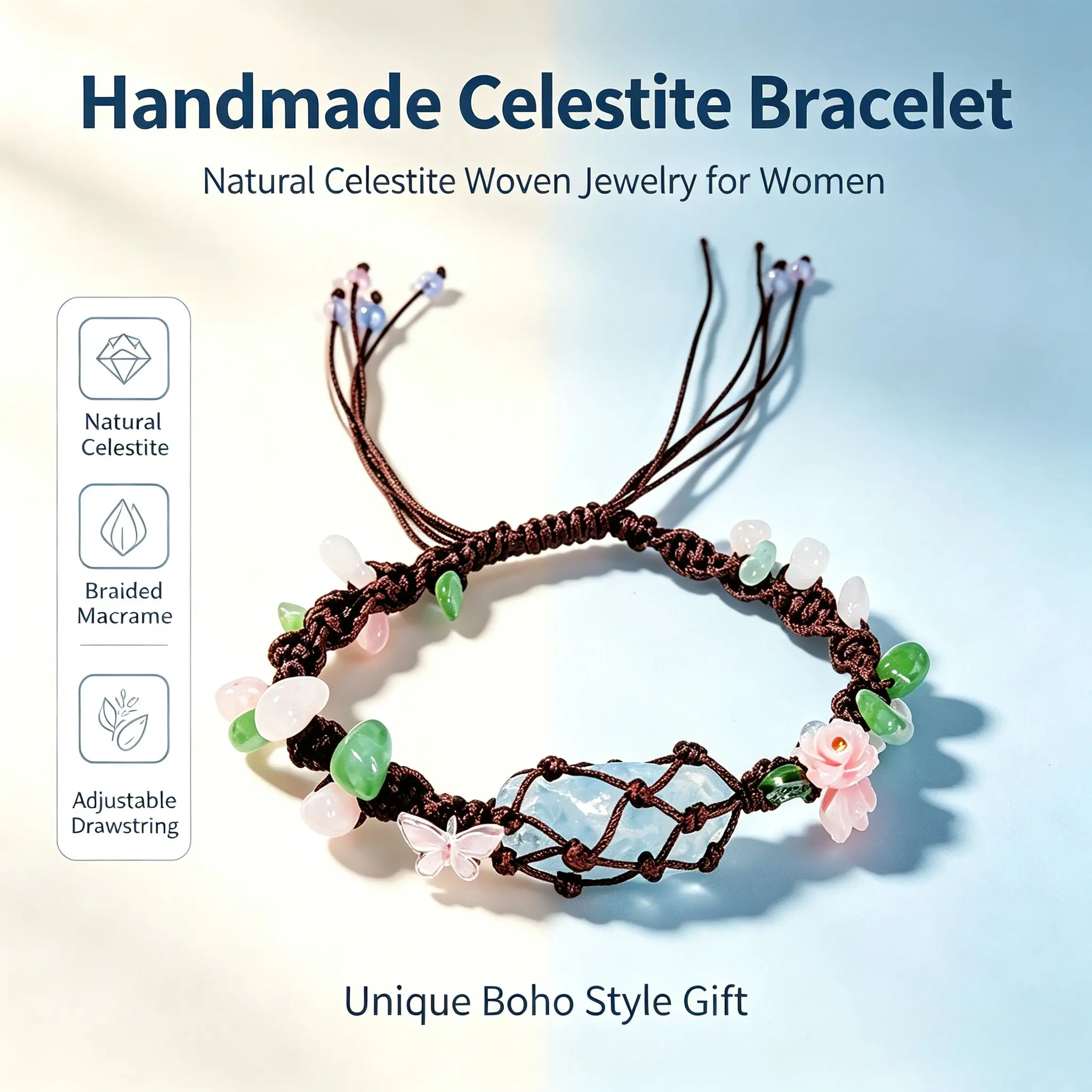 Women's Handmade Braided Rope Bracelet, Elegant Boho Style, Adjustable, Floral Leaf Butterfly Design, Lightweight, Perfect Gift for Holidays