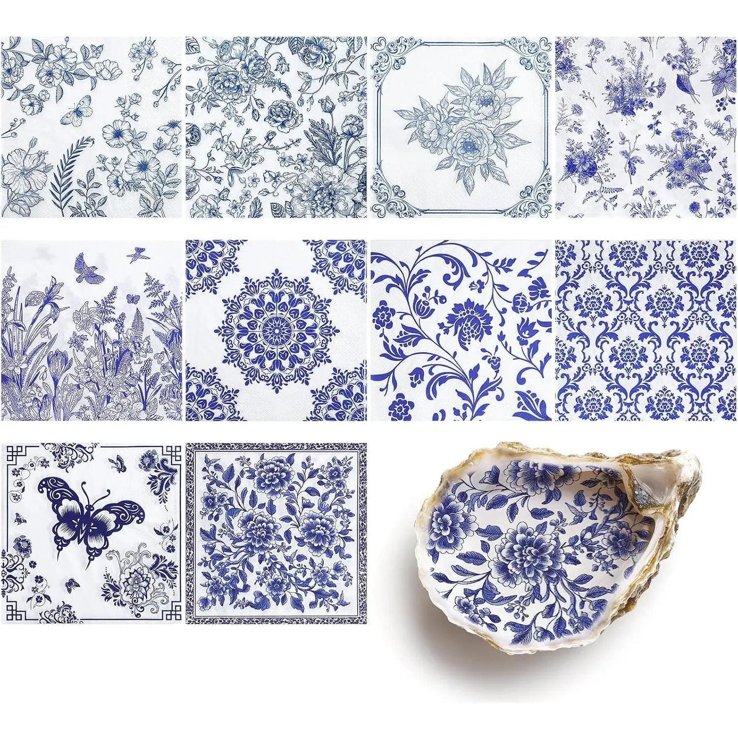 30 Pack Decoupage Napkins, 10 Styles Blue and White Floral Paper Napkins Chinoiserie Decorative Decoupage Napkin Printed Cocktail Paper for DIY Crafting Birthday Party Baby Shower