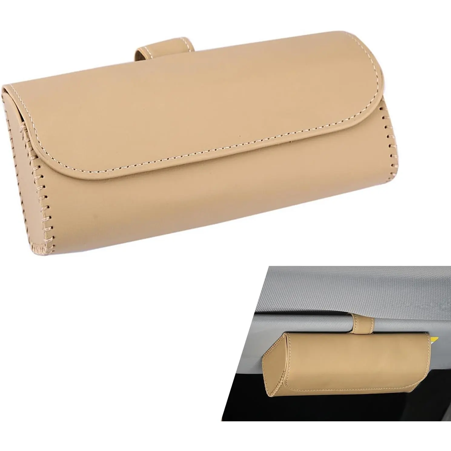 Sunglasses Holder for  Sun Visor, PU Leather Visor Sunglasses Holder, Auto Eyeglasses Protective Storage Case,   Sunvisor Accessories Organizer Box for Sedan, SUV, Van (Beige)