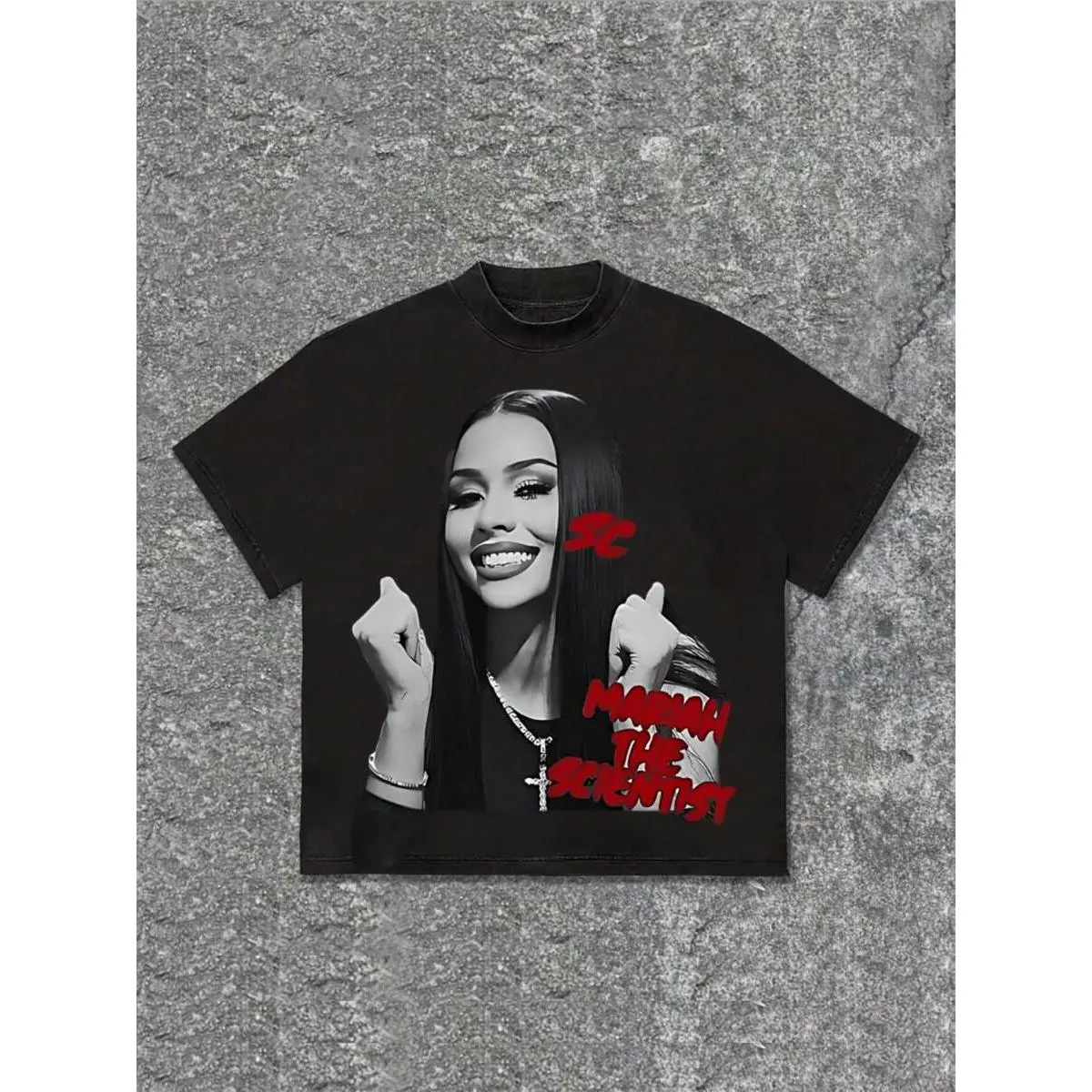 Men's Retro Hip-Hop Street Printed Short Sleeve Tops - Skin-Friendly Washed Cotton Casual Tee, Loose Cut with Red Letter Patterns, Suitable for Music Parties & Daily Wear