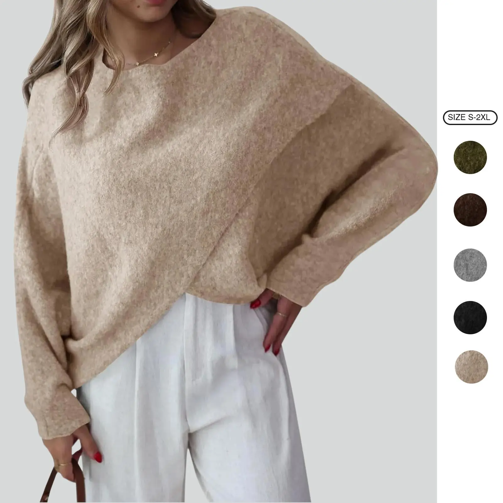 Imily Bela Womens Oversized Batwing Sweaters Long Sleeve Crew Neck Poncho Slouchy Knit Asymmetrical Pullover Tops