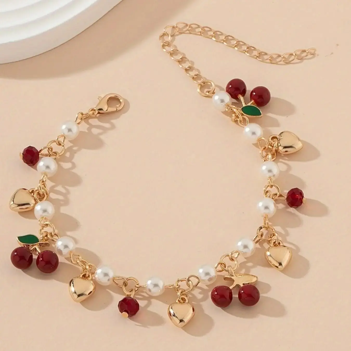 Fashion Cherry & Heart Beaded Bracelet, Exquisite Heart Charm Jewelry, Trendy All-match Wrist Decor for Daily Wear & Party, Perfect Birthday & Mother's Day Gift for Women