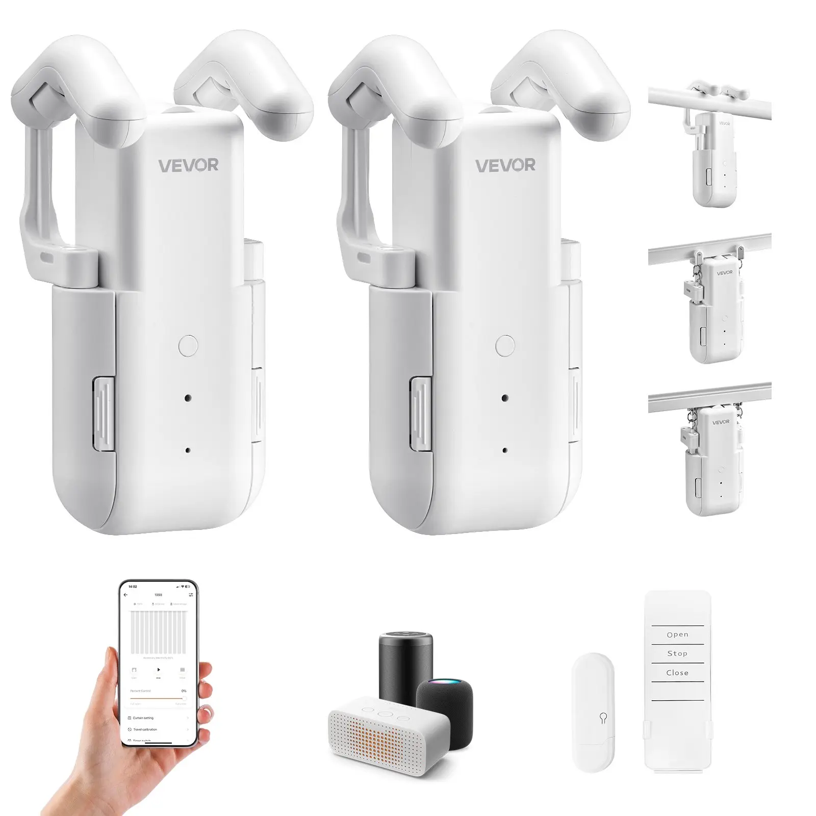 VEVOR 2-Pack Automatic Electric Smart Curtain Opener, Includes Hub, APP & Remote Control, Compatible with Alexa & Google Home, Timed Opening & Closing, for Roman Rods, U/I Rails, Automatic Curtain Opener