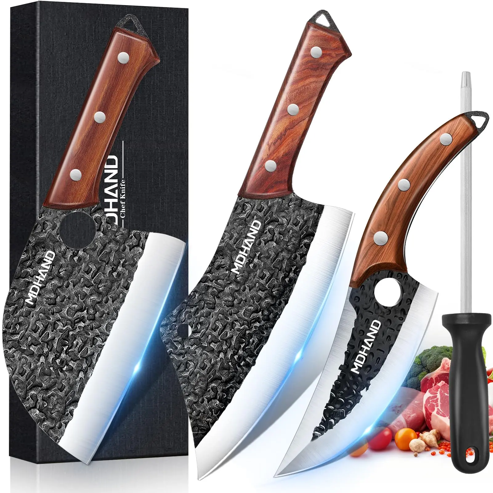 【BackToSchool】Multifunctional 4-Piece Hand-Forged Serbian Kitchenware Set - Full Handle Hammer Texture Stainless Steel Cleaver, Boning Knife, Viking Tool with Sheaths, Sharpening Steel, Gift Box for Home Meat Prep, Outdoor BBQ (Gift Ideas), Four Pieces