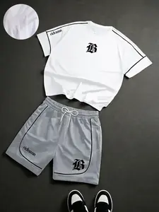 Richsoon two-piece streetwear, black T-shirt+white shorts, with eye-catching logo print, contrasting rolled edges, comfortable fabric. Perfect for gym, casual wear, and summer street atmosphere! #Pairing Set # Streetwear.