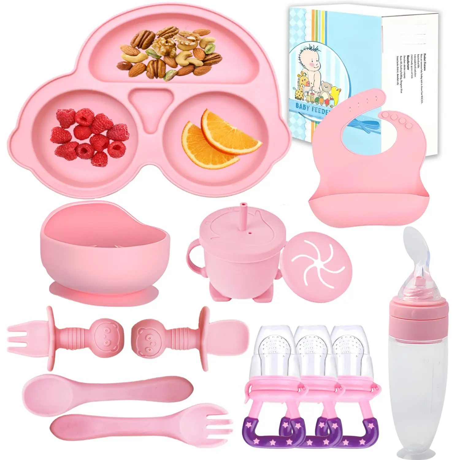 Miicasa Food-Grade Silicone Baby Feeding Kit Set - Baby Led Weaning Supplies for 3+ Months with Suction Bowl, Car Plate, Bib, Spoon, Fork, Cup - Dishwasher-Safe, BPA-Free Dinnerware Utensils