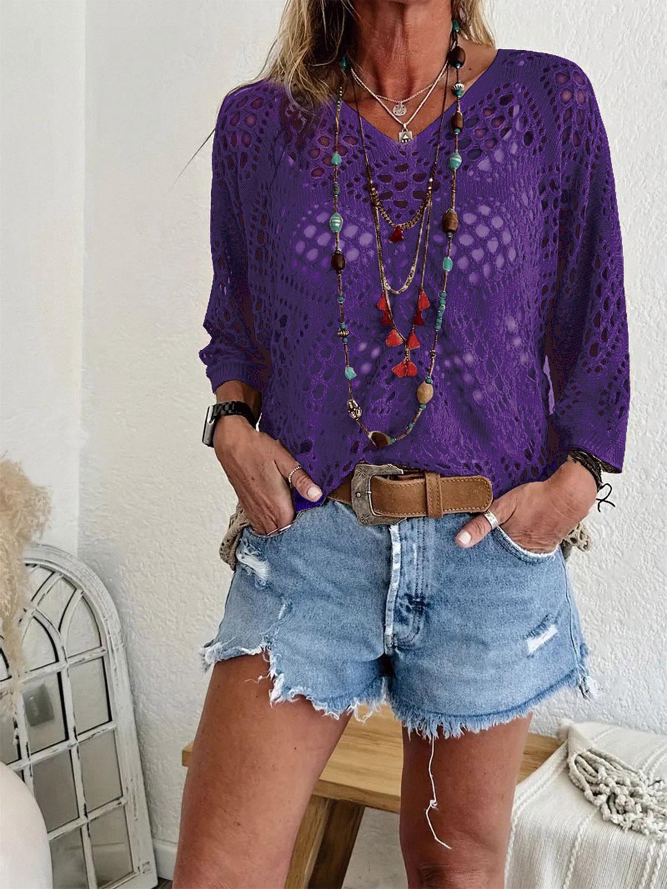 Plus Size Solid Hollow Out Drop Shoulder Knit Top, Casual V Neck Three Quarter Length Sleeve V Neck Knitwear for Summer, Women's Plus Clothing for Daily Wear