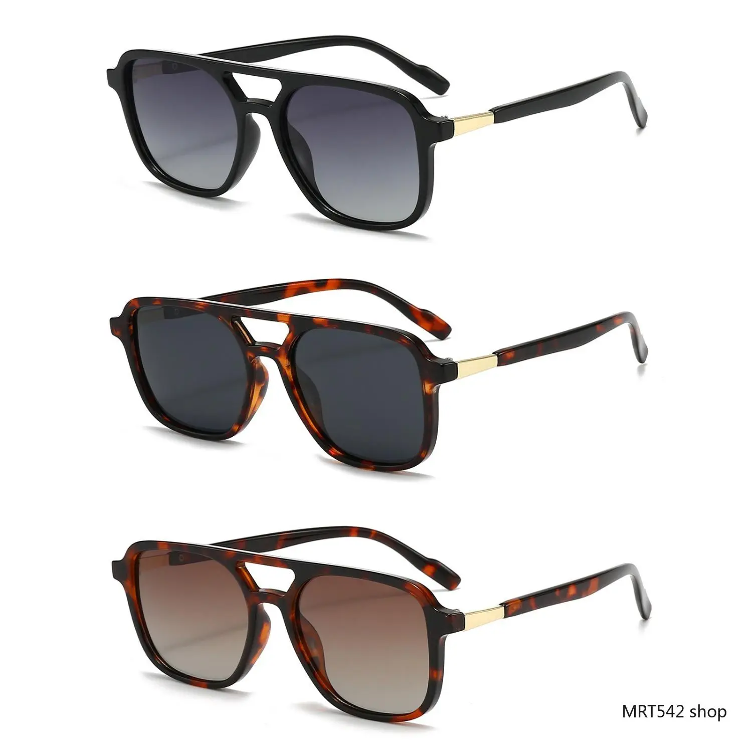 3-Pack Polarized Aviator Sunglasses for Men Women Retro Square Double Bridge Sun Glasses UV400 Protection Oversized Tortoise Frame Driving Shopping Travel Beach Shades
