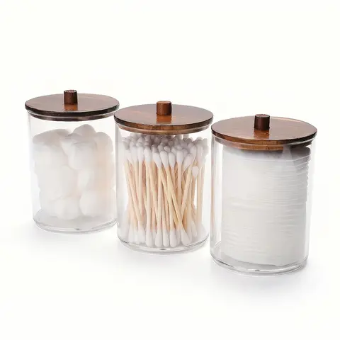 3 pcs Cotton Swab Holders, 10oz Bathroom Storage Box, Organizer Transparent Plastic Jar with Wooden Lid, Bathroom Accessory, Ideal for Cotton Balls, Swabs, Floss