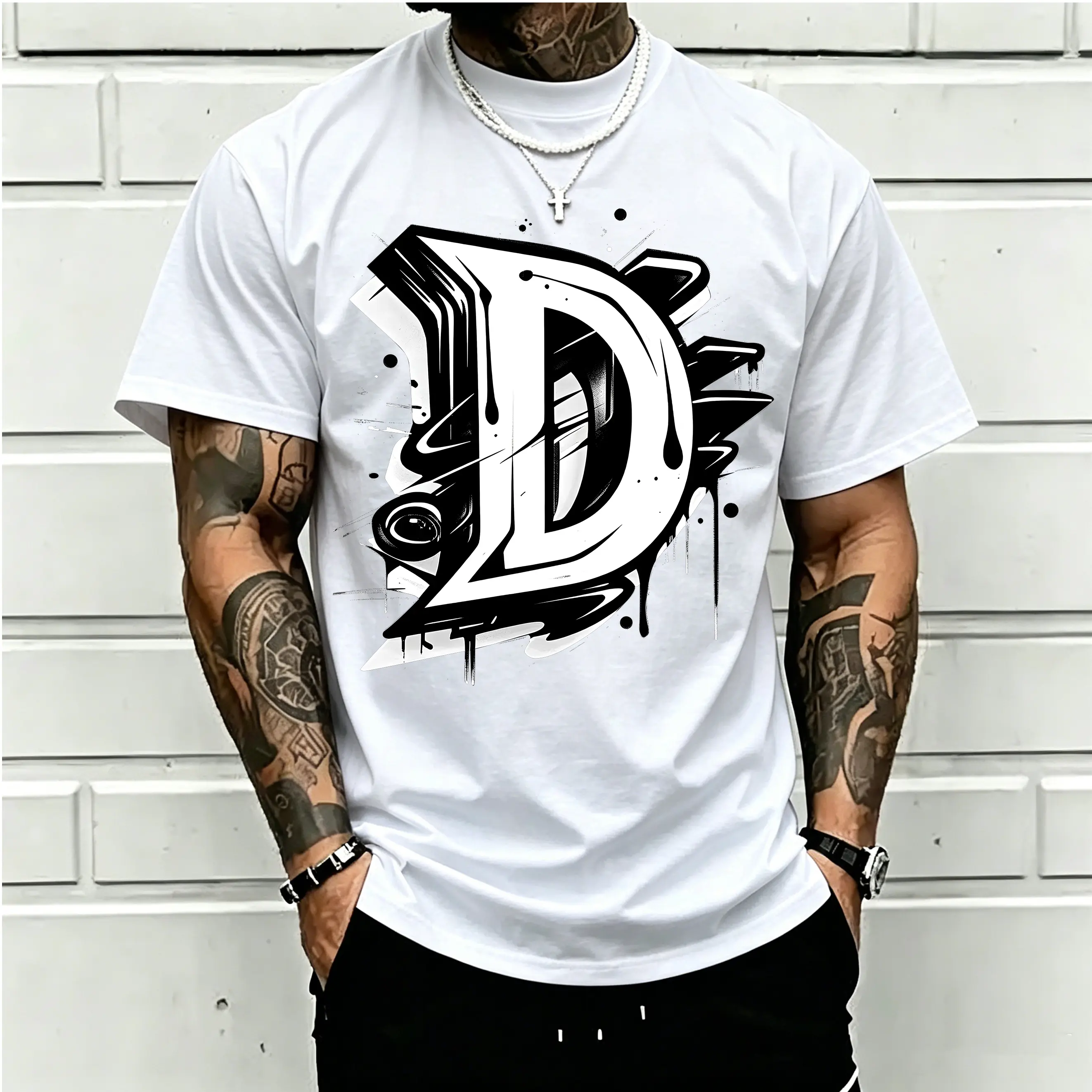 Vintage Letter D Graphic T-Shirt, Gothic Initial D Tee, Urban Streetwear Graphic Shirt, Old English Monogram Letter Tee, Minimalist Alphabet Design Top, Casual Crew Neck T-Shirt, Unisex Fashion Gift for Men Women
