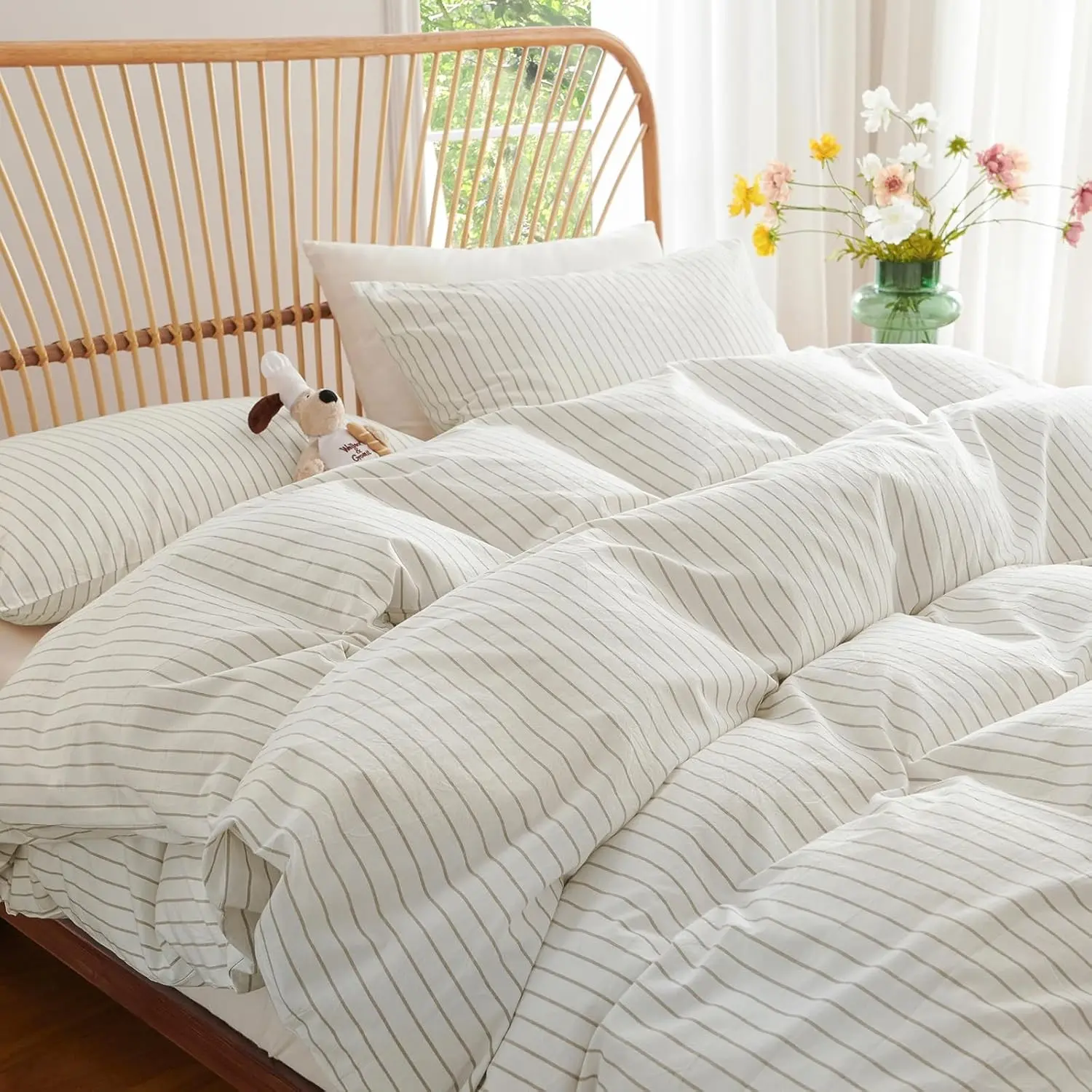 Striped Duvet Cover Queen Size 100% Washed Cotton White Brown Stripe 3 Pieces Soft Breathable Girls Dorm Bedding Set for All Seasons Yarn Dyed Process