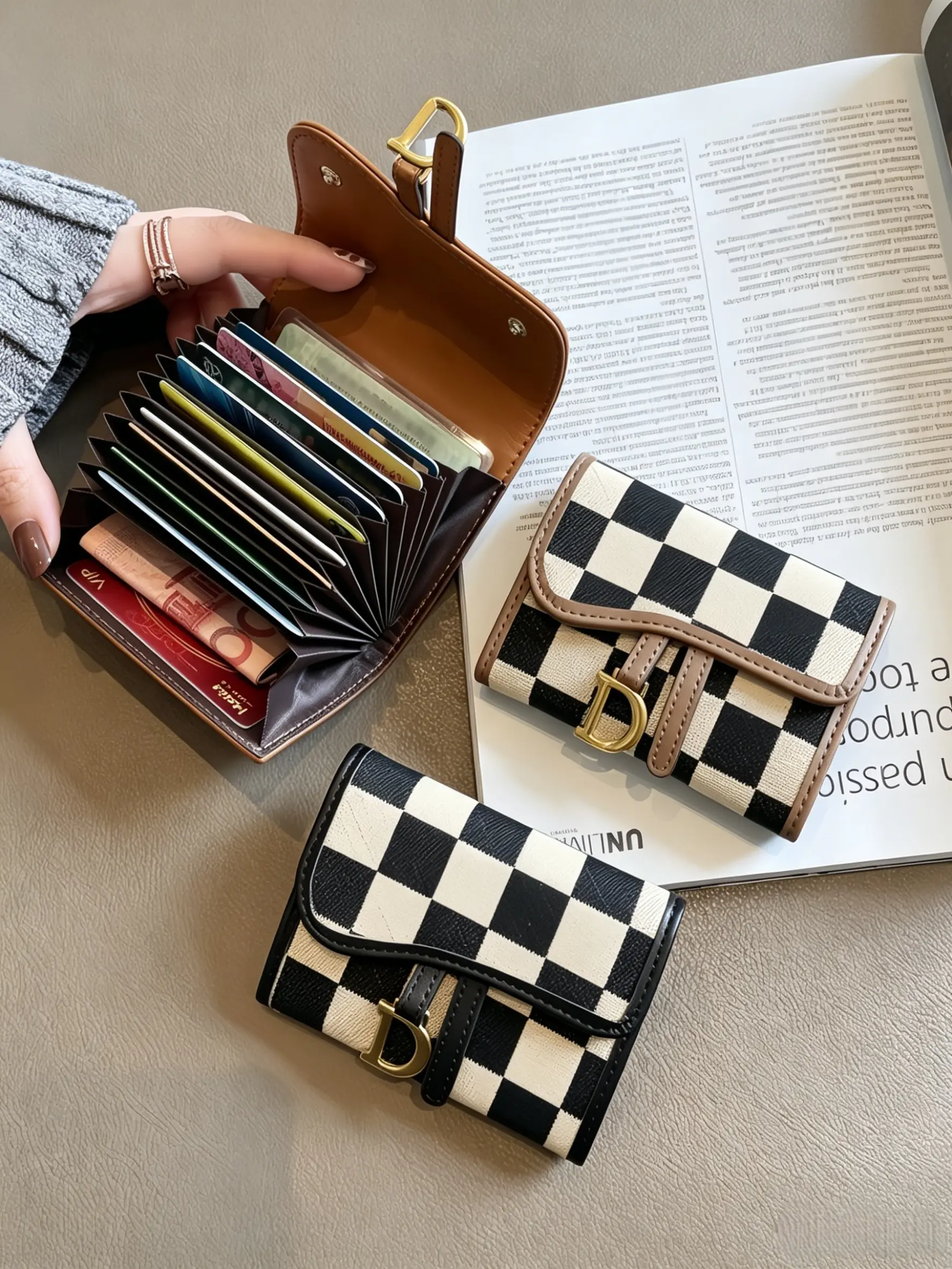 Women's Fashion Checkerboard Credit Card Holder, Casual Versatile D-Ring Card Case, Daily Commute Short Wallet, Portable Multi-Card Slot Organizer, Card Id Holder, Credit Cards Holder