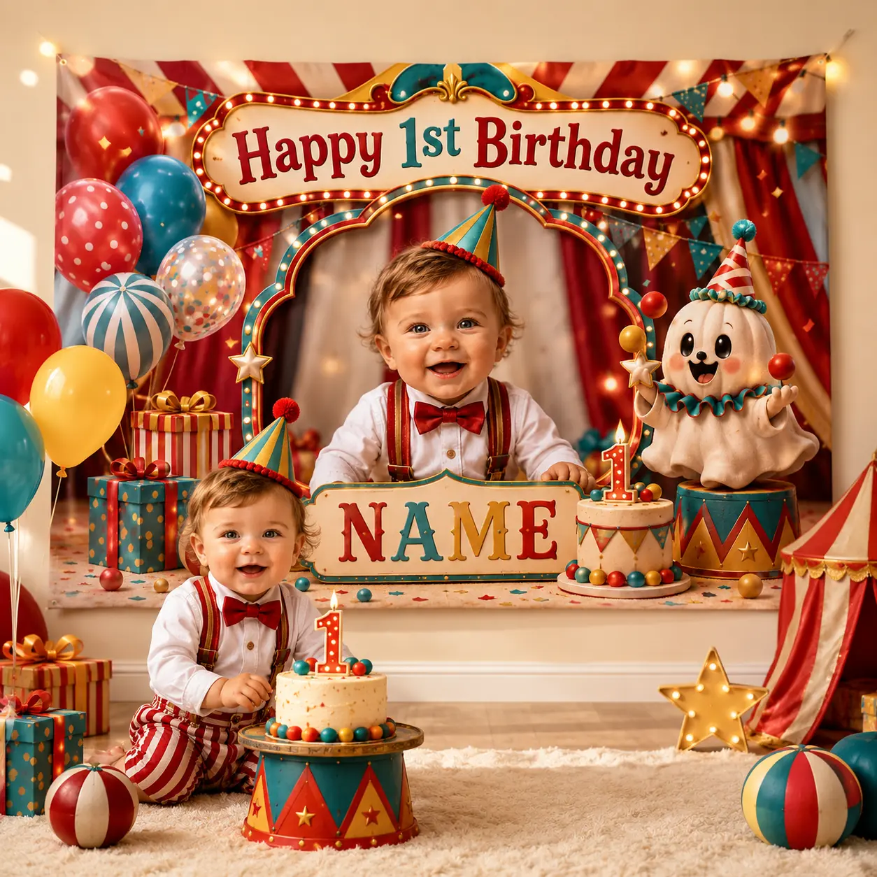 Personalized Carnival 1st Birthday Backdrop with Photo and Name, Red Teal Gold Marquee, Balloon and Cake Party Decor