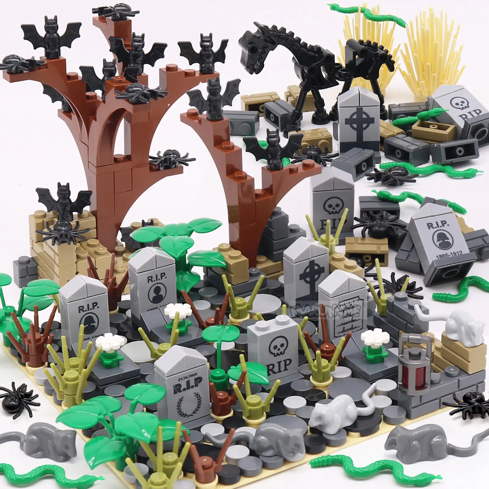 99PCS / 265PCS Halloween Building Blocks Set, Cemetery Grave Tombstone DIY Construction Decoration Bricks with Bat Spider Snake Rat Skull Horse Compatible 3245 30103 40234 30238 30115 59228