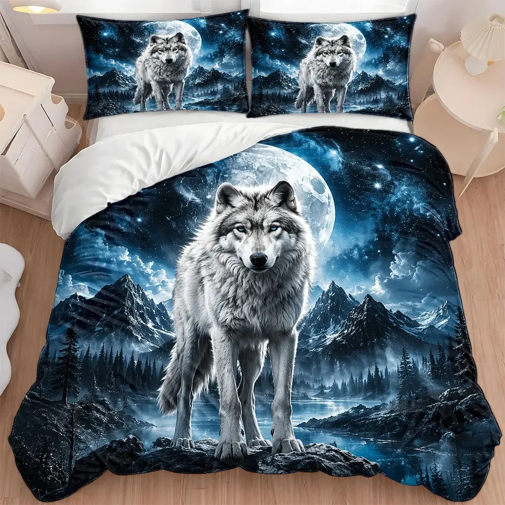 3PC Nordic Wolf Print Bedding Set - Large Double Size, 1 Duvet Cover + 2 Pillowcases, All-Season Durable Material, Comfy Edge Design, Invisible Zipper, Machine Washable, Down Alternative Comforter Bag, Ideal for Home/Dorm, Three Pieces