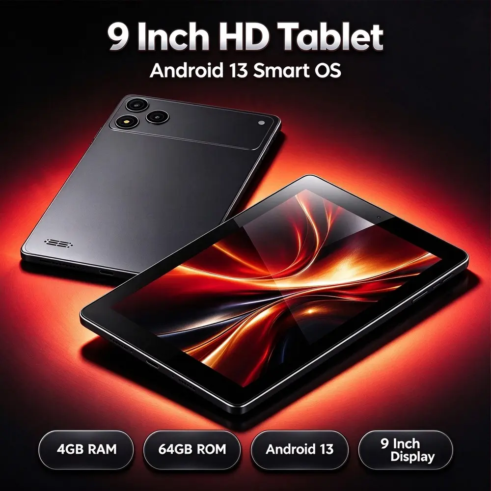 9 Inch HD Touchscreen Tablet PC Android 13 Smart OS, 4GB RAM + 64GB Large Storage, dual camera, WiFi Bluetooth Connect, Portable Tablet for Video Streaming, Gaming, Online Learning, Reading & Daily Office Work at Home or Travel