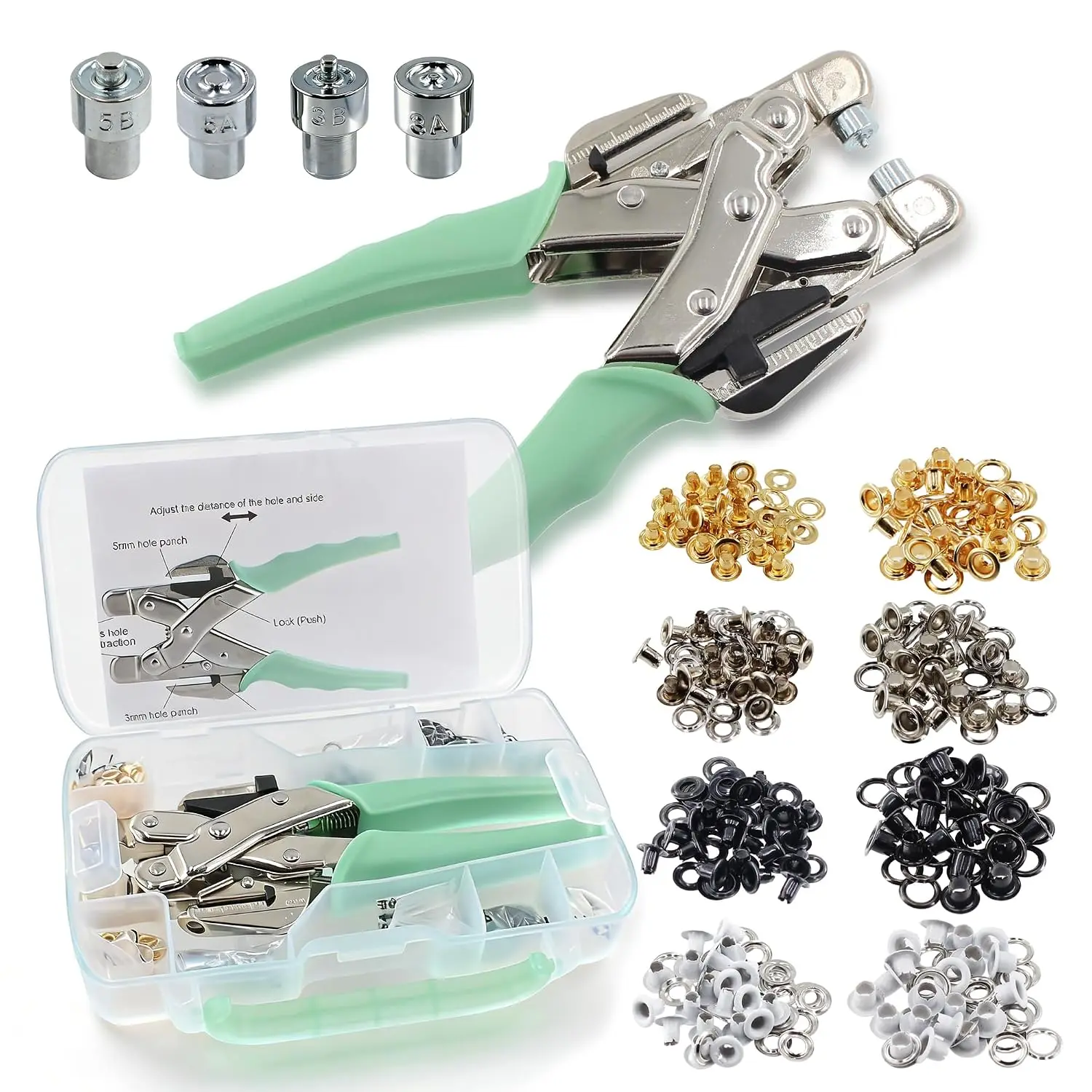 Grommet Eyelet Pliers Kit 3/16 1/8 Multi-Size Eyelets Hole Punch Plier with 160 count Metal Grommets Heavy Duty Eyelet Pliers Rivet Press Tool Set for Leather Tarps Clothes Belt Crafts