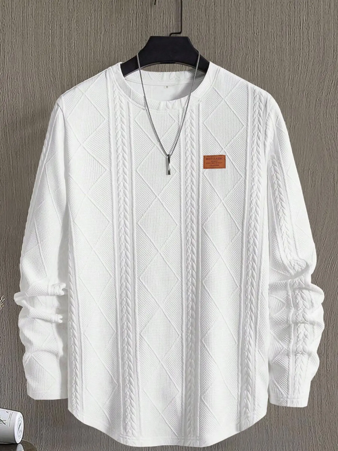 Men's Knitted Jacquard Classic Casual Round Hem Long Sleeve Crew Neck T-Shirt, Menswear Knitwear, Knitted Clothes, Comfortable and Stylish Top for Daily Wear, Perfect for All Seasons