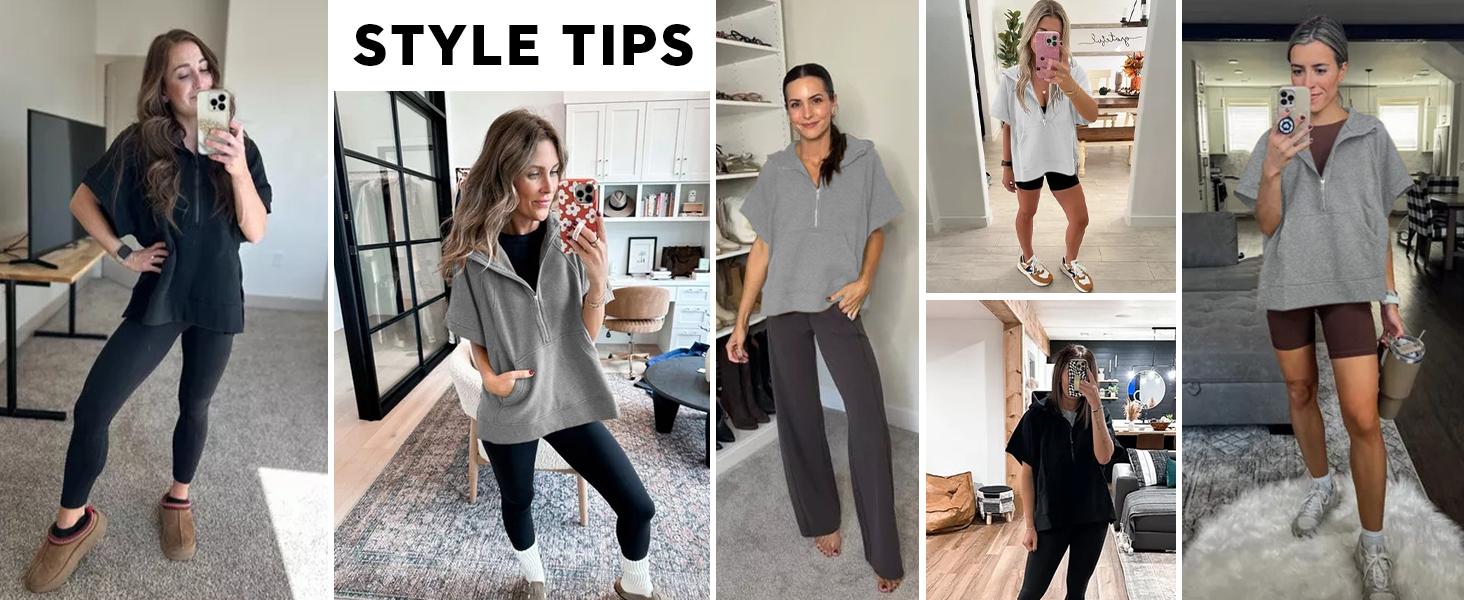 FMEYOA Womens Oversized Half Zip Hoodies Short Sleeve Casual Sweatshirts Pullover Tops with Pockets