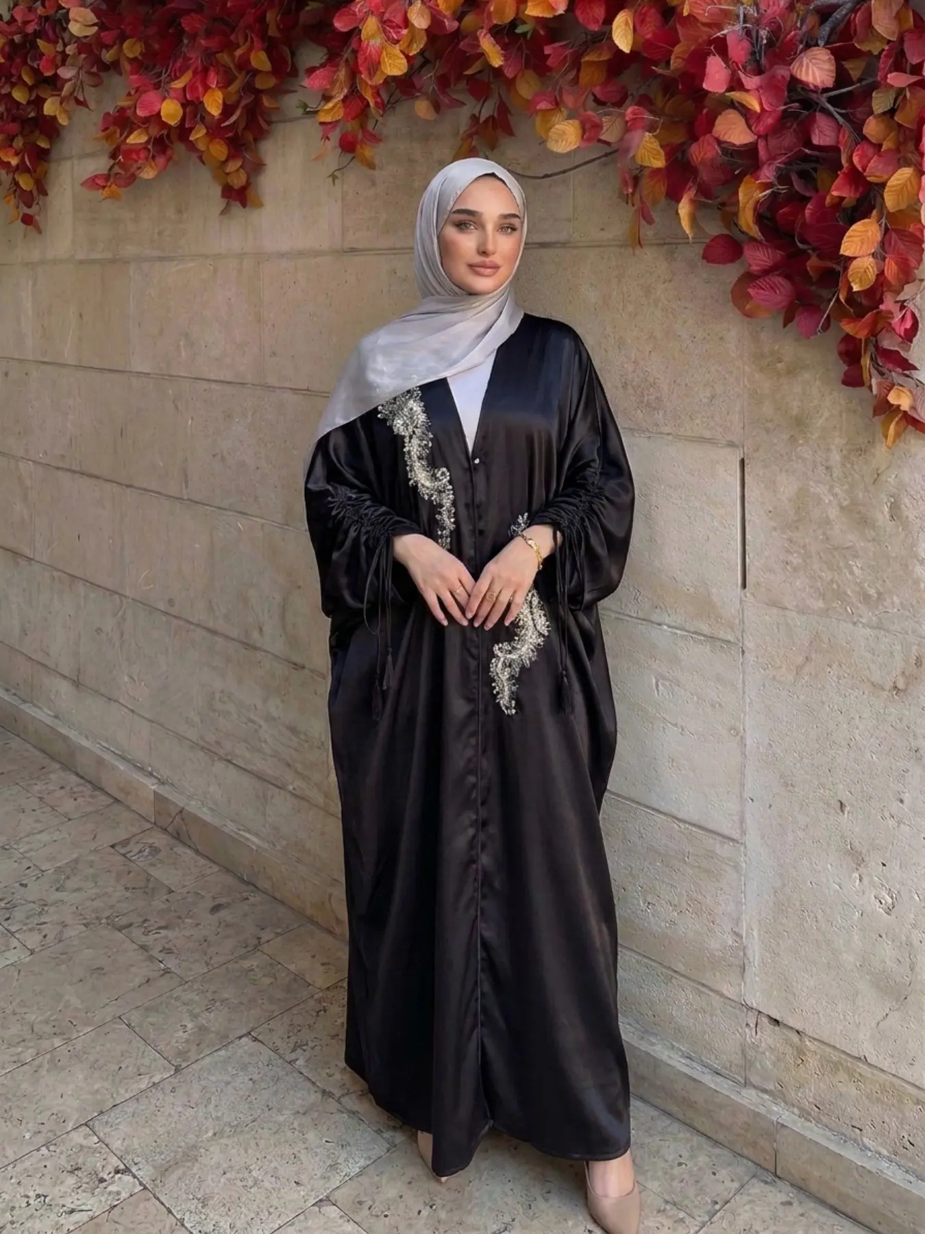Elegant Shimmery Lustrous Abaya Long Robe with Sequins and Pearl Embroidery, Open Front Design with Drawstring Sleeves, Perfect for Parties and Festivals
