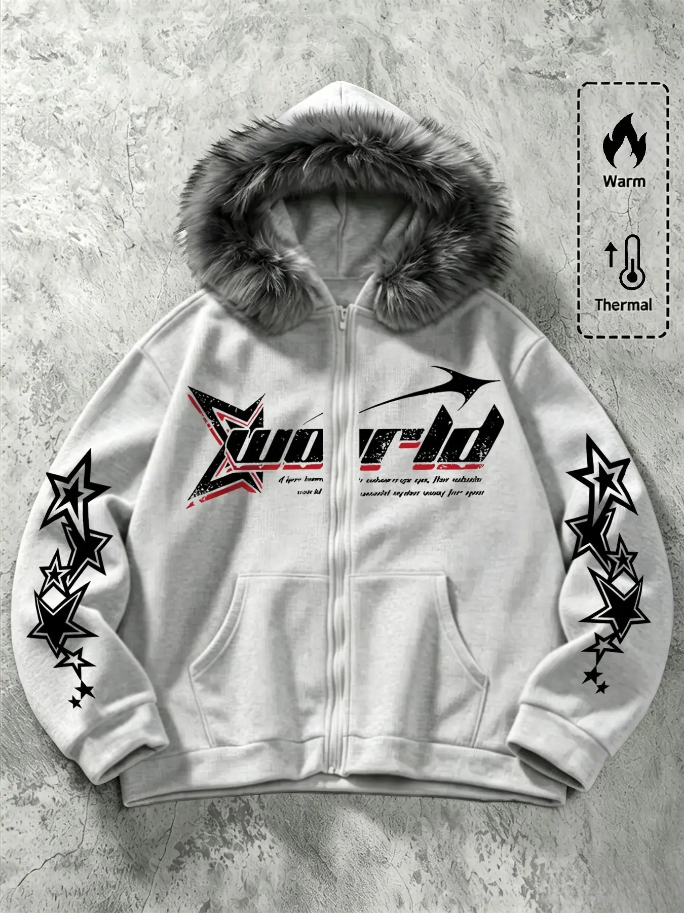 Men's Fall Winter Y2K Street Style Hooded Jacket, Faux Mink Fur Lined, Welt Design, World Lettering & Star Print, Oversized Fit