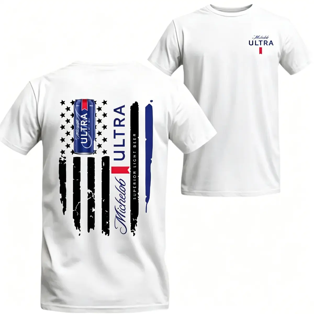 Michelob Ultra Beer T-Shirt American Flag Graphic Tee Bold Beer Can Design Men’s Casual