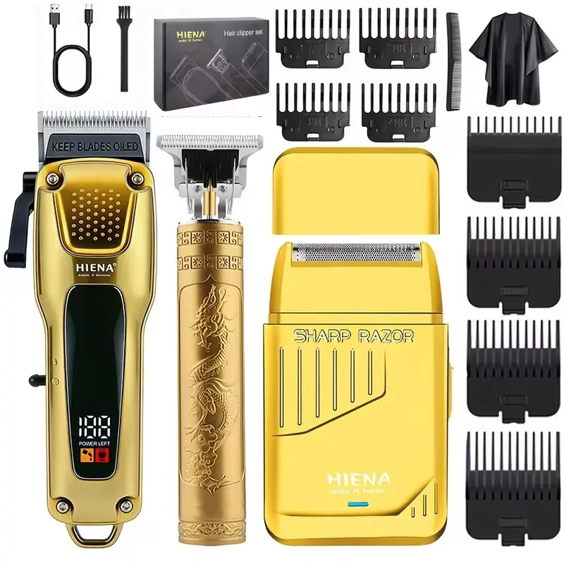 HIENA Professional Hair Clipper 3-Piece Gold Set, LED Display Hair Trimmer, Detail Engraving Shaver & Sharp Blade Beard Trimmer, Home Haircut Kit, Perfect Gift for Father’s Day, Boyfriend & Friends