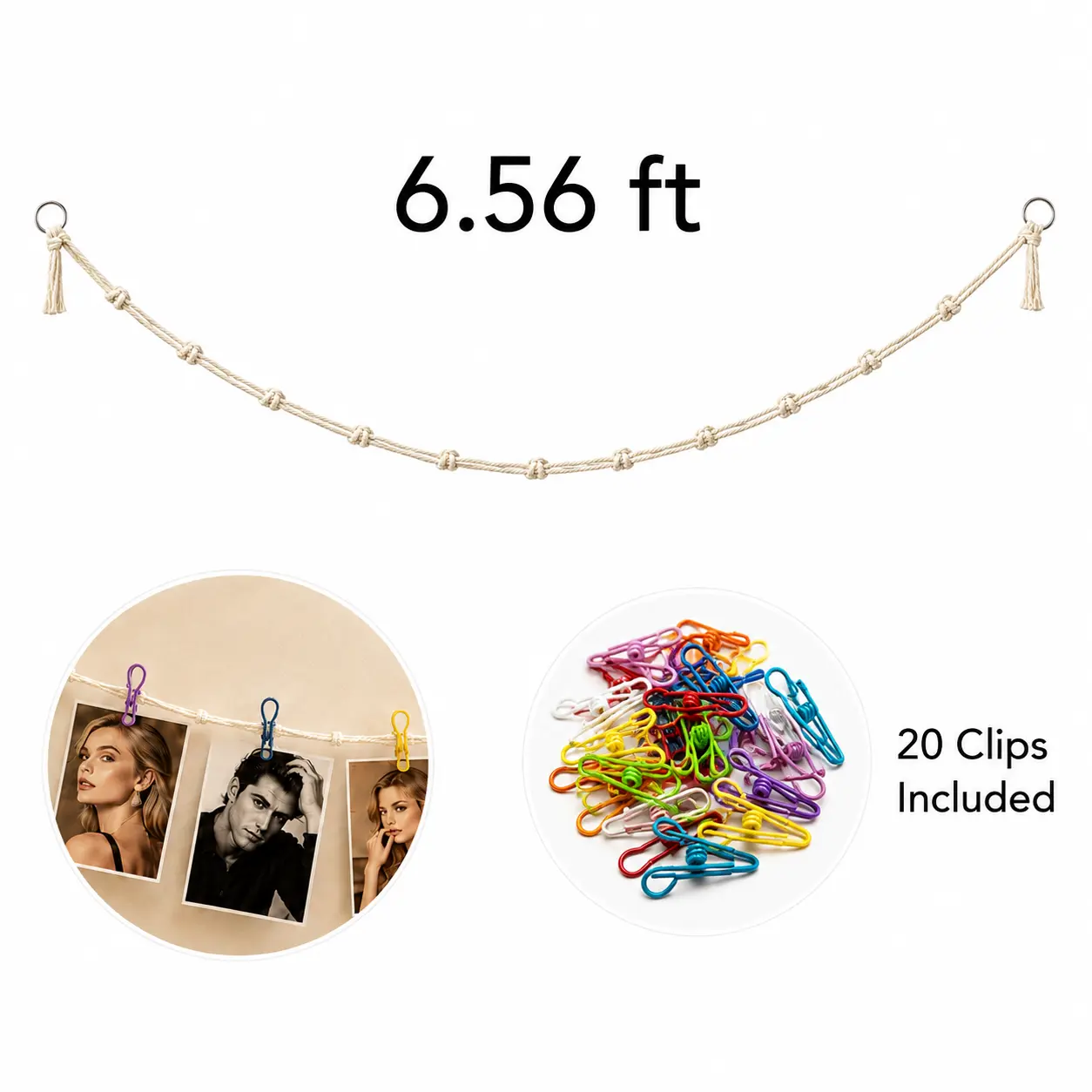 Boho Macrame Cotton Photo Hanging Rope, 6.56FT Knotted String with 20 Multi-Color Clips for Polaroid Dorm and Bedroom Wall Display