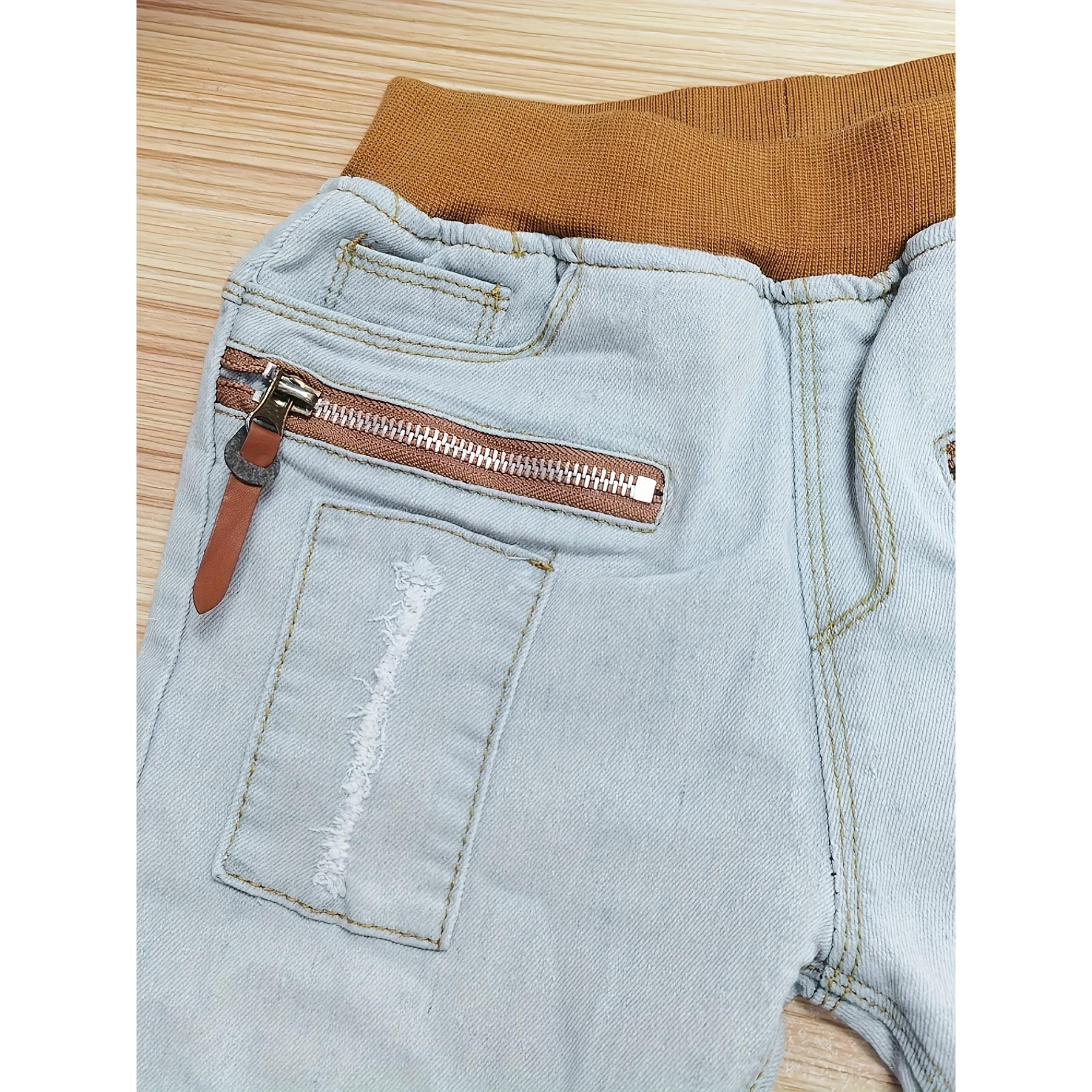 Boys' Distressed Denim Jeans with Zipper Pockets,  Light Blue Ripped Jeans for Toddlers & Kids, Comfortable Casual Pants for Daily Wear