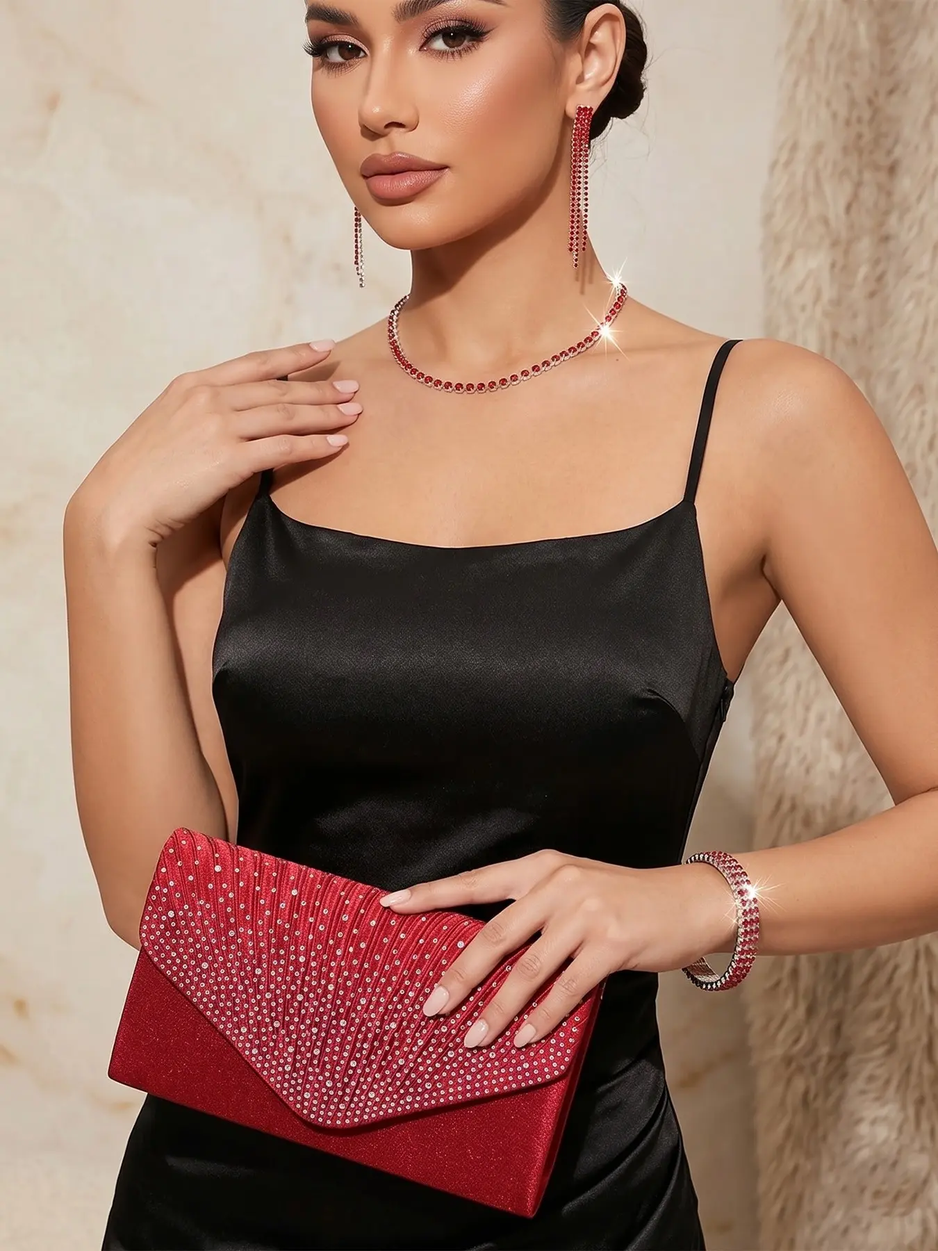 4Pcs Red Rhinestone Evening Bag Jewelry Set for Women, Ruby Crystal Envelope Clutch Purse Tennis Necklace 3-Row Stretch Bracelet Long Drop Earrings Pack, Bridal Wedding Prom Formal Party Matching Accessories