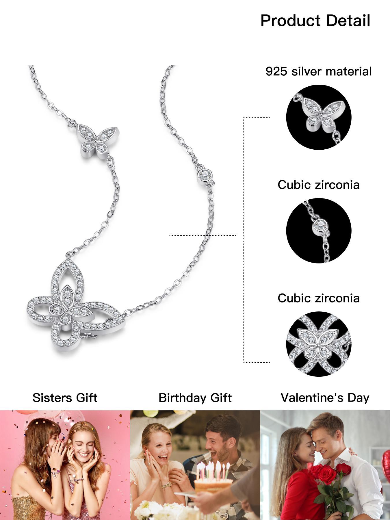 S925 Sterling Silver Butterfly Design Pendant Necklace, Artificial Zircon Decor Necklace for Women & Girls, Trendy All-match & Exquisite Jewelry for Birthday Gift, Valentine's Day, Gift