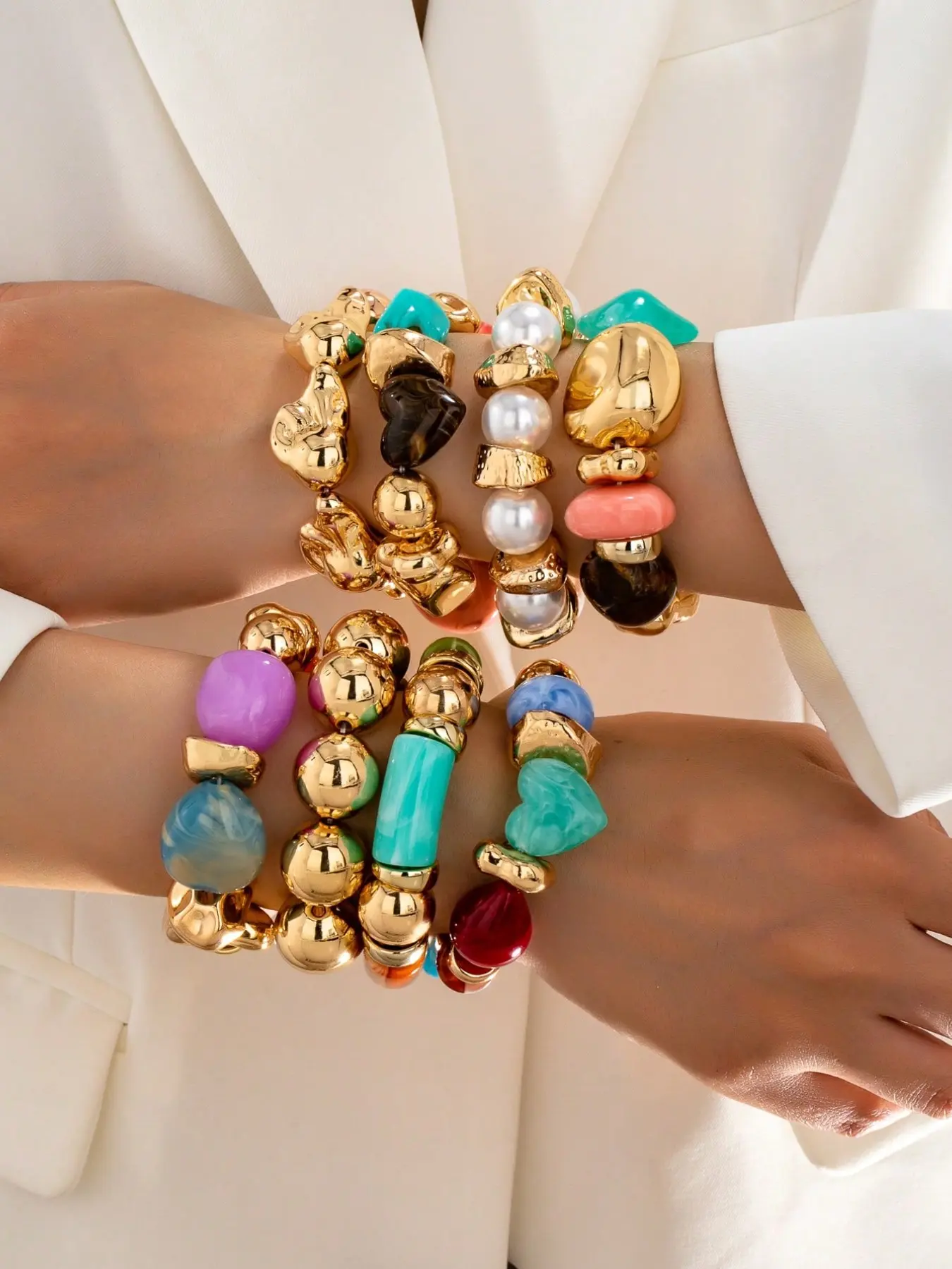 8Pcs thick and colorful irregular shape stone bead stackable beaded bracelet sets, multi shape layered declaration bracelet, fashionable women's wrist jewelry party