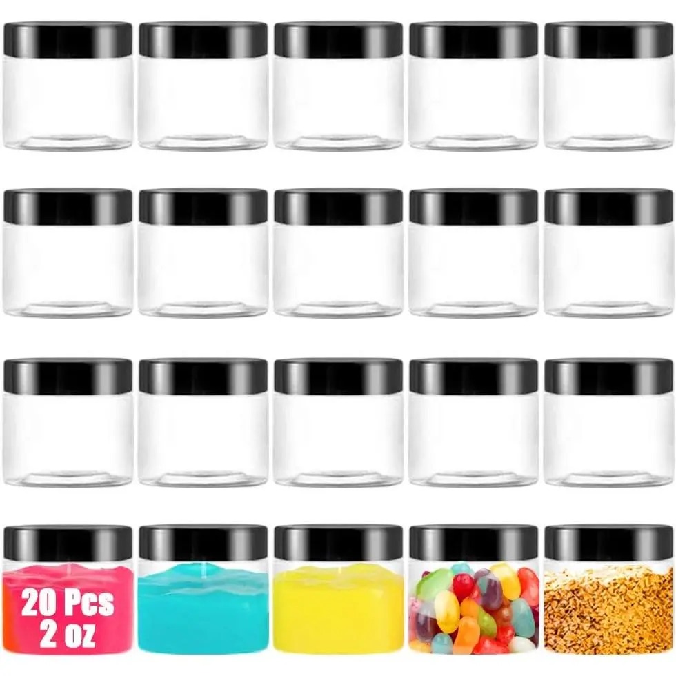 20 Pack 2 oz Clear Plastic Round  Containers,Empty Plastic Storage Jars with Black ,Refillable Storage Container for ,,Cream,,
