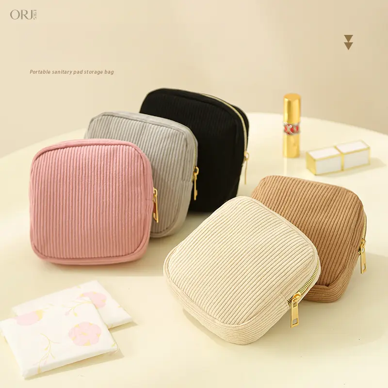 Thick Corduroy Sanitary Napkin Storage Pouch, Portable Tampon Organizer Bag, Cute Ladies Period Accessories Purse for Daily Carry