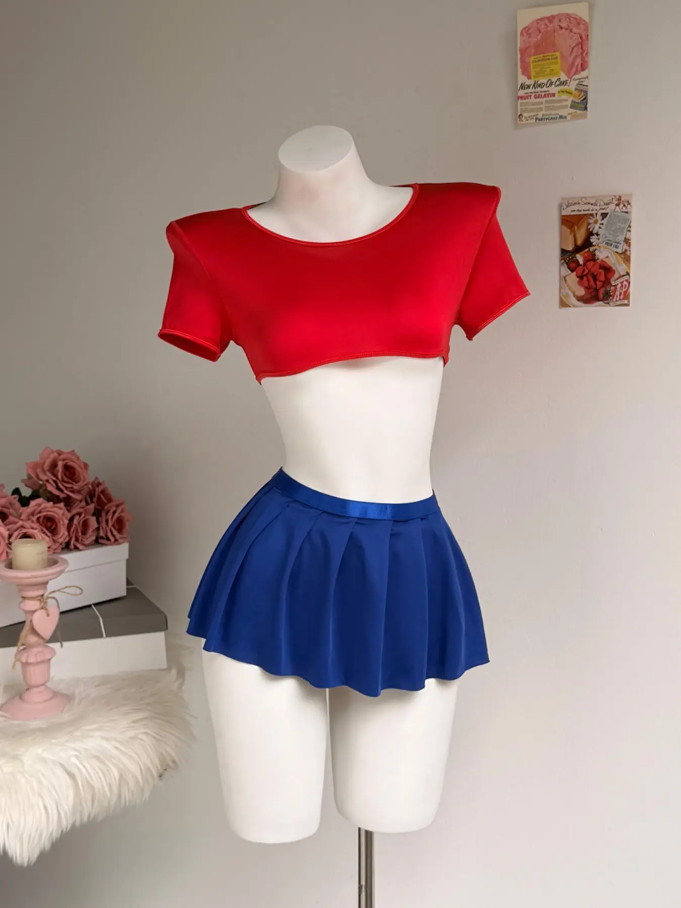 Women's Short Top with Blue Pleated Skirt, Sexy Thong Three-Piece Set, Cosplay Cheerleading, Fashionable and Stylish, Clothes