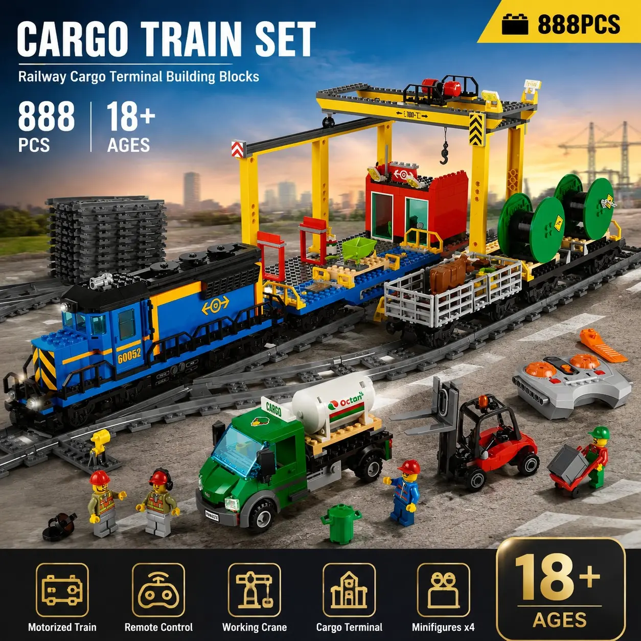 888 Pieces Large Building Blocks Electric Train Track Set, Rail Track Blocks, Educational Puzzle Toy, Safe Eco-Friendly Abs Material, Fun Construction Kit