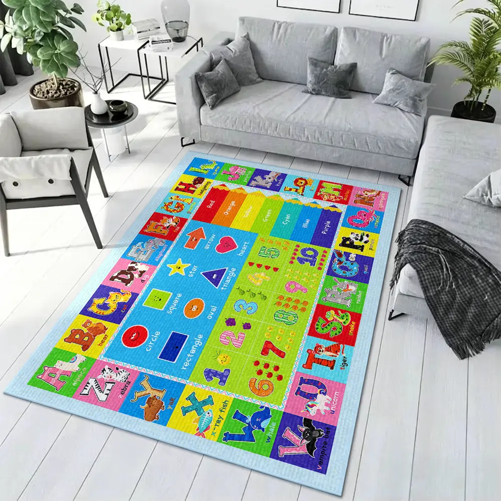 ABC Number Shape Animal Colorful Checker Border Crystal Velvet Kids Educational Play Rug Toddler Play Mat #LetterNumberLearningMat #ShapeAnimalKidsCarpet #BrightColorPlayFloorMat #CrystalVelvetRug