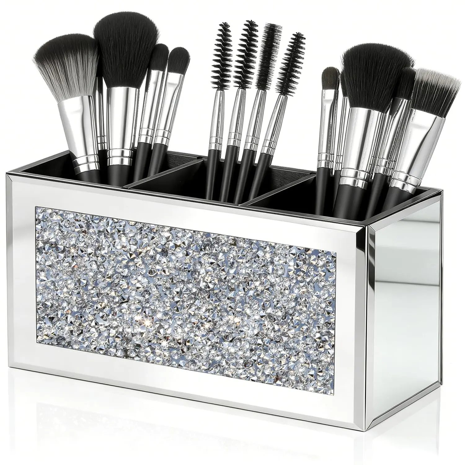 Mirrored Makeup Brush Holder Organizer, 3 Slot Glass Cosmetics Brushes Storage Holders with Crystal Crushed Diamond, Cute Pen and Pencil Holder for Desk, Eyeliners Display Case for Vanity