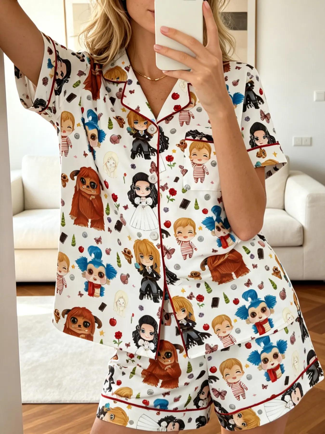 Women's Pajamas Set 2026 New Summer White Labyrinth Movie Chibi Cartoon Character Print Red Contrast Piping Short Sleeve Lapel Button Front Shorts Lightweight Breathable Soft Skin-Friendly 90s Nostalgia Cute Casual Daily Loungewear Sleepwear for Women
