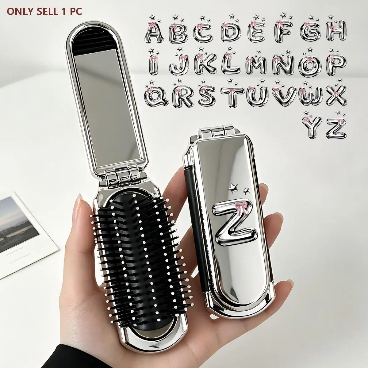 Foldable Massage Comb, Silver Color, Personalized Letters A-Z, Bow, Star Pattern, Portable Pocket Comb, Ideal Gift for Women